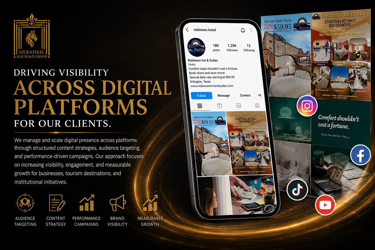 Digital marketing strategy increasing brand visibility across websites, search engines, social media platforms, online advertising, and digital channels.