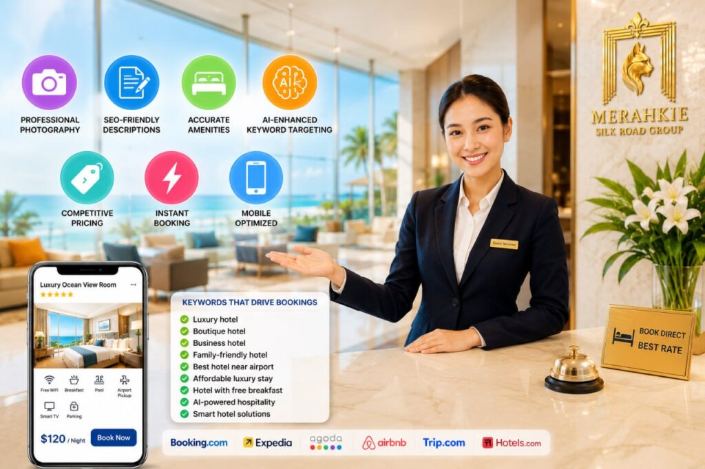 Modern hotel website development with booking engine, mobile-friendly design, and SEO to increase direct hotel bookings.