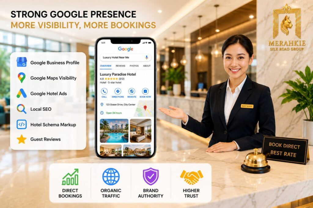Modern hotel website development with booking engine, mobile-friendly design, and SEO to increase direct hotel bookings.