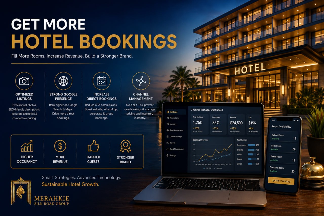 Modern hotel website development with booking engine, mobile-friendly design, and SEO to increase direct hotel bookings.
