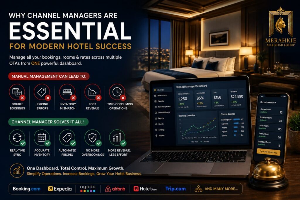 Modern hotel website development with booking engine, mobile-friendly design, and SEO to increase direct hotel bookings.